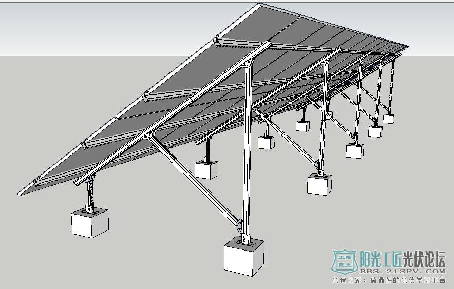 光伏支架设计详解 14×2阵列、34°倾角与水泥墩基础SketchUp效果图